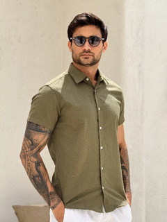 CAMISA LINHO MANGA CURTA VERDE MILITAR - Porto Braive