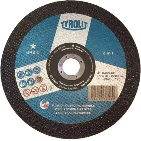 Disco de corte Tyrolit Basic de 178 mm de diámetro para acero inoxidable y acero, con diseño azul y negro