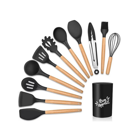 JOGO DE UTENSÍLIOS EM SILICONE COM CABO DE MADEIRA 12 PEÇAS - CAERUS MOHNISH
