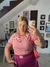 camiseta feminina ringer listrada rosa e branco