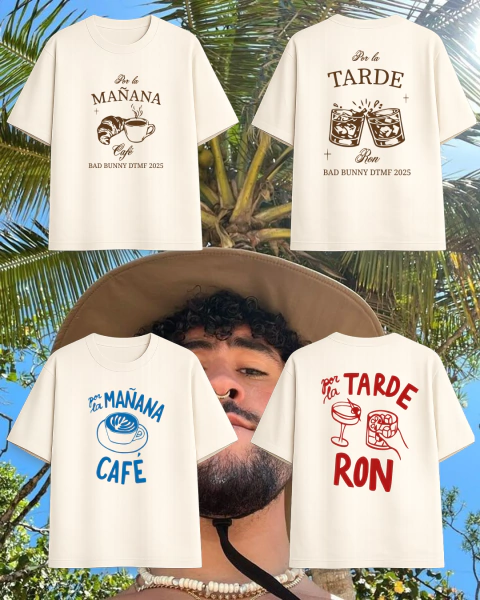 Remera X BAD BUNNY por la mañana CAFÉ, por la tarde RON