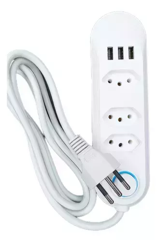 Extensão 2 Em 1 De 3 Tomadas Tripolar + Hub Com 3 Usbs 3.4 A