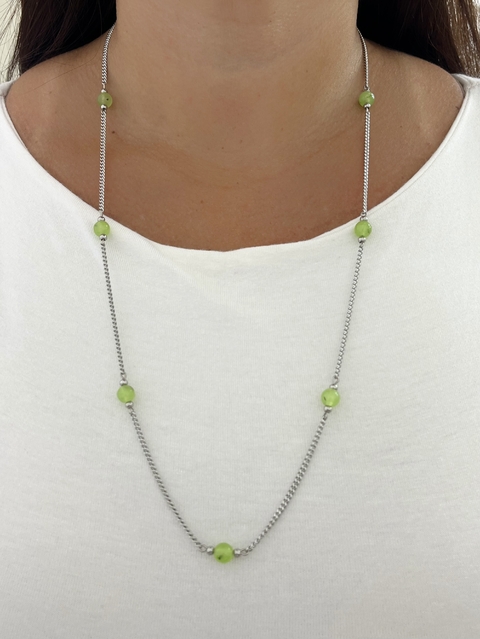 COLAR BOLAS JADE VERDE EM AÇO INOX