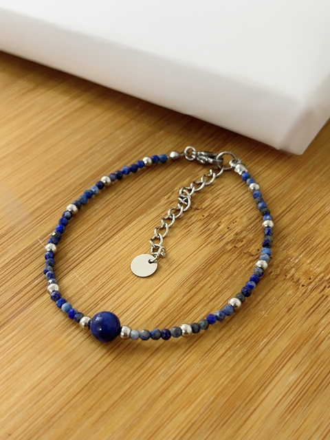 PULSEIRA CRISTAIS E BOLA LÁPIS LAZÚLI EM AÇO INOX