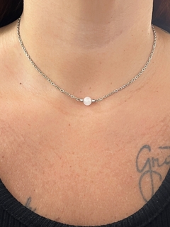 CHOKER BOLINHA QUARTZO ROSA EM AÇO INOX