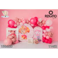 Fundo fotográfico infantil com balões em tons de rosa, apresentando personagens de desenho animado em círculos.