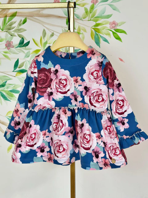 Vestido Paola Bimbi Floral – Manga Longa Azul com Estampa de Rosas
