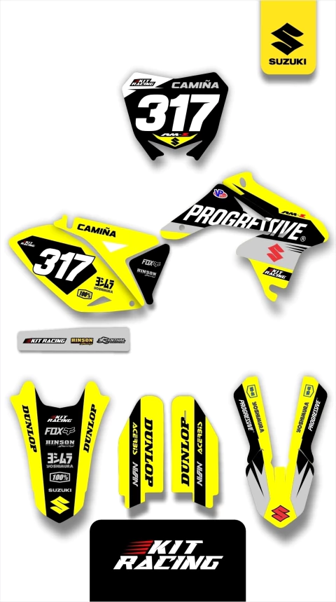 Kit de gráficas personalizadas para moto Suzuki RM-Z en colores amarillo, negro y blanco con números 317 y logos de marcas como Dunlop, Yoshimura y Progressive