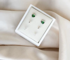 Imagem do Trio de Brincos Coração Ponto de Luz Esfera Prata 925 cores