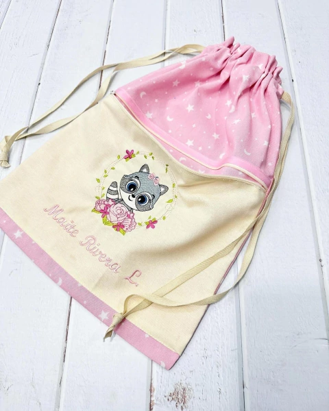 bolsitas de tela bicolor mapachita estrellas y lunas rosa