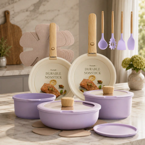 Juego de Ollas y Sartenes Antiadherentes con Mango Desmontable – 19 Piezas Color Púrpura
