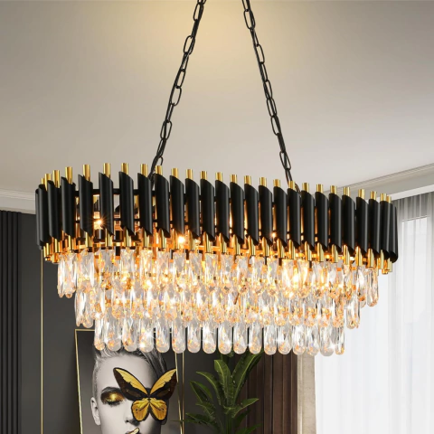 Lámpara Moderna Negra y Dorada – Ovalada de 8 Luces | 81 cm x 31 cm x 30 cm