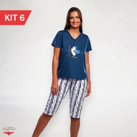 Kit 6 Pijamas Feminino Manga Curta Pescador Malha PV Flower Power Pijama Adulto Senhora - comprar online