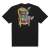 Camisa preta com estampa de um gato estilizado sentado em uma cadeira dourada, segurando uma arma e vestindo um moletom verde, com o texto "THUG NINE" acima.