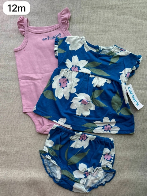 Trio body blusa com shorts flores - 12m