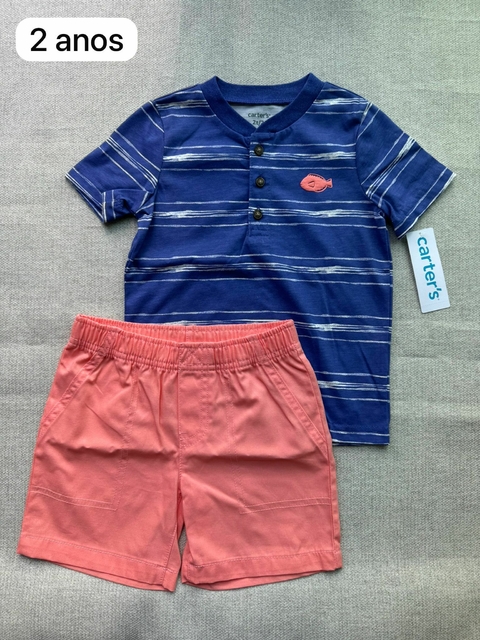 Conjunto camiseta azul com shorts salmão - 2 anos