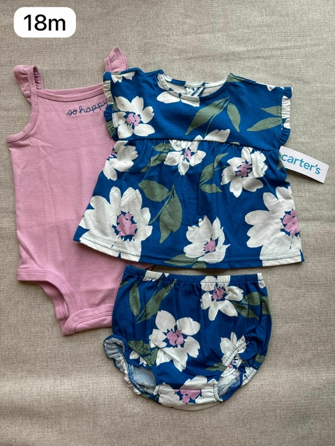 Trio body blusa com shorts flores - 18m