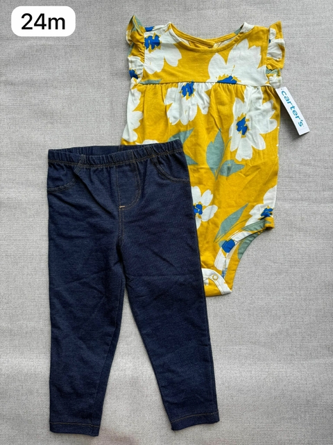 Conjunto body flores com calça jeans - 24m