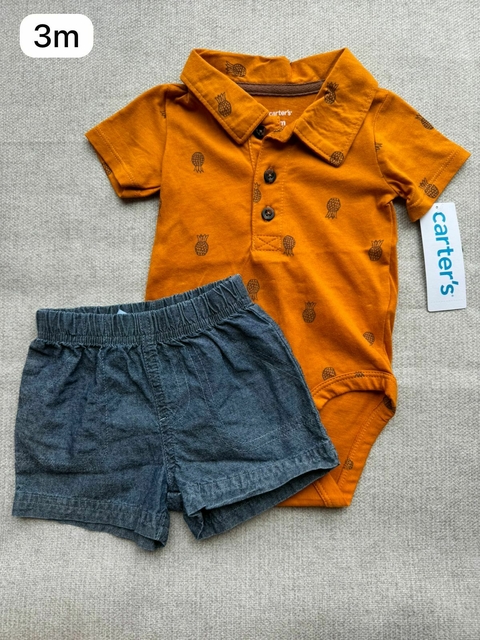 Conjunto body polo abacaxi com shorts jeans - 3m