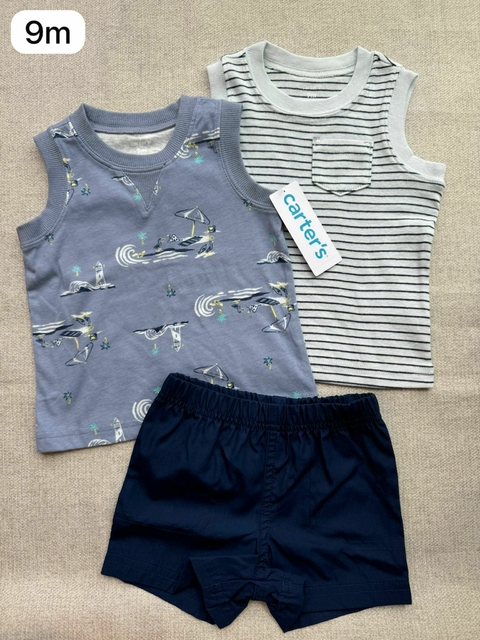 Trio body camiseta com shorts marinho - 9m