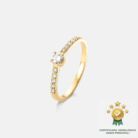 Anel Clássico em Ouro 18k, Diamante central de 3,2mm (13 pontos) e 10 Diamantes de 1,3mm - comprar online