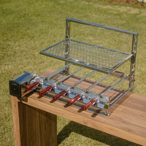 Churrasqueira Giratória 5 Espetos com Grelha Suspensa Inox – Kit 5/59 Lobo