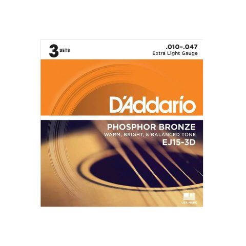 Pack 3 Encordados Para Guitarra Acustica Daddario EJ15-3D Phosphor Bronze Extra Light