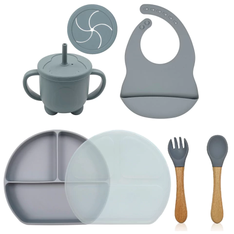 PLATO TRIPLE GRIS + BABERO GRIS + VASO DOBLE GRIS + TAPA PLATO - comprar online