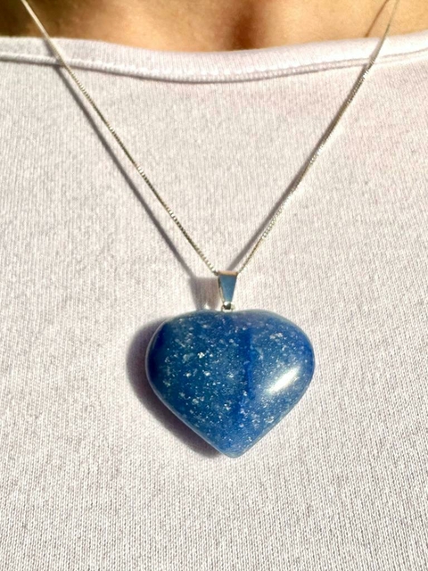 Pingente Coração Quartzo Azul Corrente em Prata 925