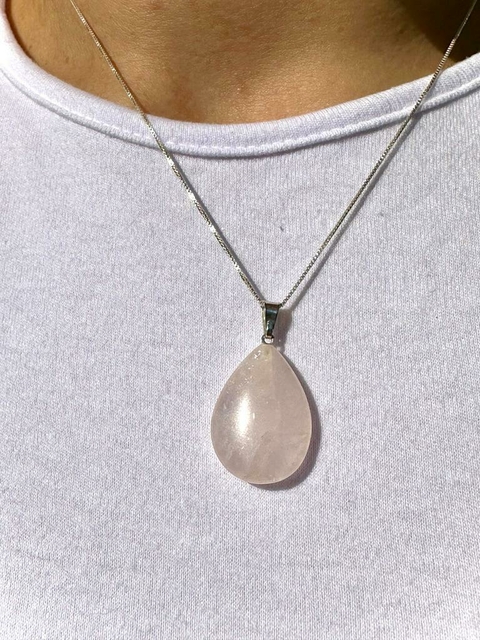 Pingente Gota Quartzo Rosa Com Corrente em Prata