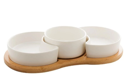 CONJUNTO 3 PETISQUEIRAS PORCELANA C/BANDEJA BAMBU BRANCO MATT