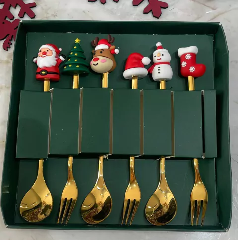 CONJUNTO 3 GARFOS E 3 COLHERES NATAL DOURADOS