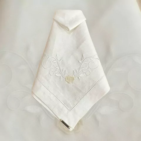 GUARDANAPO BRANCO LINHO PURO BORDADO BRANCO COM AJOUR 50X50CM