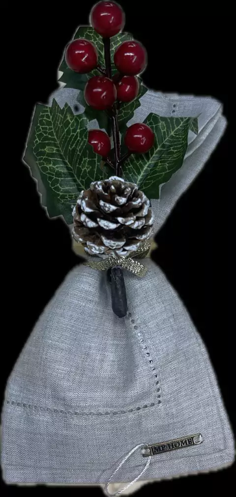 PORTA GUARDANAPO NATAL BUQUE PINHAS AZEVINHOS LAÇO DOURADO
