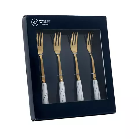 CONJUNTO 4 GARFOS ACO INOX P/APERITIVO DOURADO C/CABO CERAMICA BRANCA
