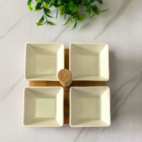 CONJUNTO 4 PETISQUEIRAS PORCELANA C/SUPORTE BAMBU 15X15X12CM