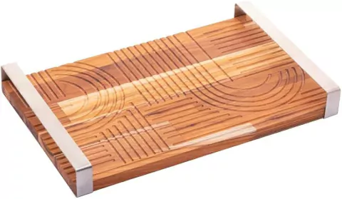 BANDEJA DE MADEIRA COM ALÇA EM AÇO INOX