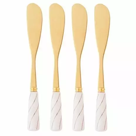 CONJUNTO 4 ESPATULAS ACO INOX DOURADO C/CABO CERAMICA BRANCO