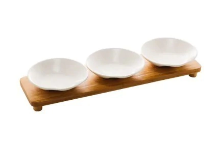 CONJUNTO 3 PETISQUEIRAS PORCELANA C/BANDEJA BAMBU BRANCO MATT 32X9X5CM