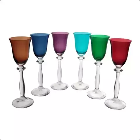 JOGO 6 TACAS PARA LICOR ANGELA COLORIDA EM CRISTAL ECOLOGICO