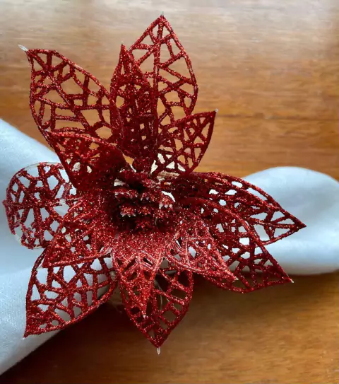 PORTA GUARDANAPO NATAL FLOR VERMELHA GLITER ARGOLA BEGE 23