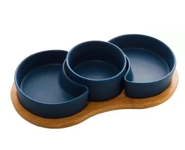 CONJUNTO 3 PETISQUEIRAS PORCELANA C/BANDEJA BAMBU AZUL MATT 30X15X