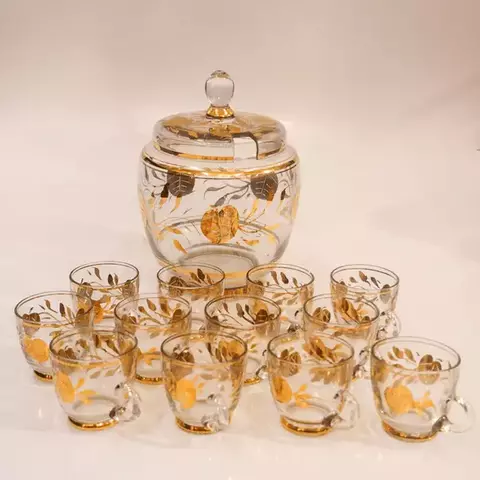 PONCHEIRA CRISTAL COM FOLHAS DE OURO E 12 CANECAS