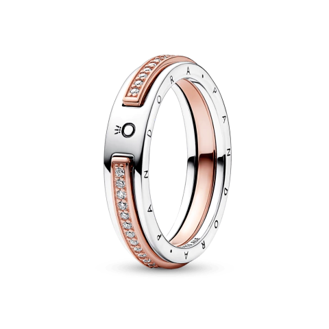 Anillo Logo y Pavé en Dos Tonos Pandora Signature Recubrimiento en Oro Rosa de 14K
