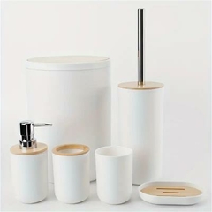 Set 6 Piezas Baño Jabonera Porta Cepillo Escobilla Y Cesto Bambú