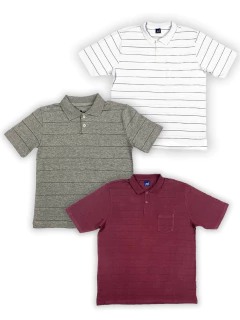 KIT Masculino 3 Peças - Polo Listrada Vinho, Cinza e Branca - comprar online