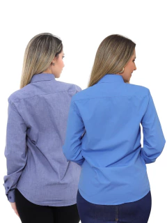 KIT Feminino 2 Peças - Camisa Social Premium Tipo Linho Azul Cobalto e Camisa Social Slim Azul - Ptrl Jeans | Moda Jeans