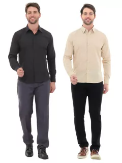 KIT Masculino 2 Peças - Camisa Social Premium Tipo Linho Bege e Camisa Social Slim Preta - loja online