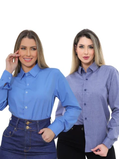 KIT Feminino 2 Peças - Camisa Social Premium Tipo Linho Azul Cobalto e Camisa Social Slim Azul - comprar online