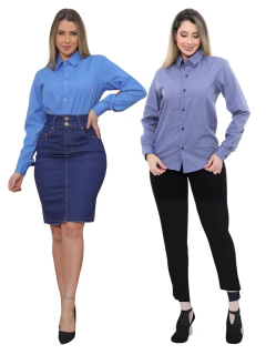 KIT Feminino 2 Peças - Camisa Social Premium Tipo Linho Azul Cobalto e Camisa Social Slim Azul - loja online